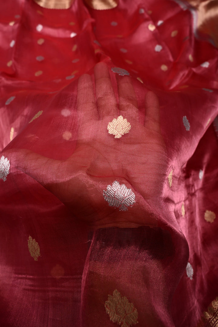 Pinkish Red Pure Banarasi Organza Tissue Silk Saree with Sona Rupa Zari Buttas and Fancy Trim Lace Border | SILK MARK CERTIFIED | SHOBITAM