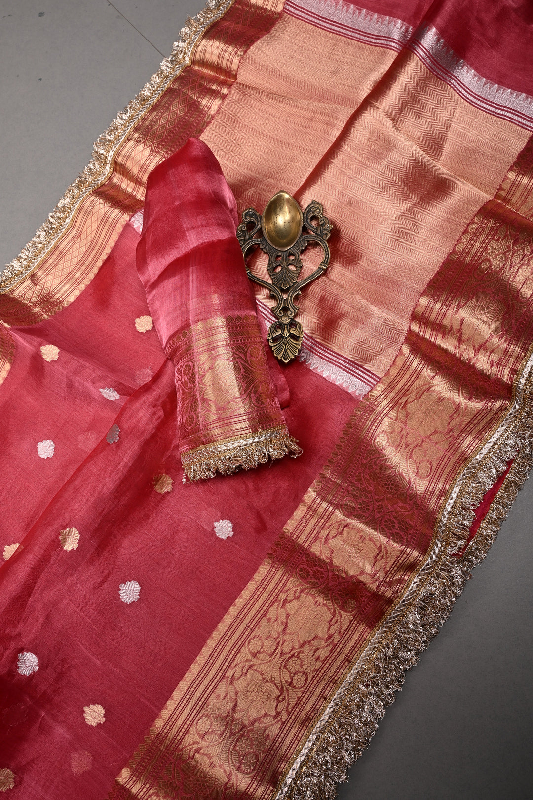 Pinkish Red Pure Banarasi Organza Tissue Silk Saree with Sona Rupa Zari Buttas and Fancy Trim Lace Border | SILK MARK CERTIFIED | SHOBITAM