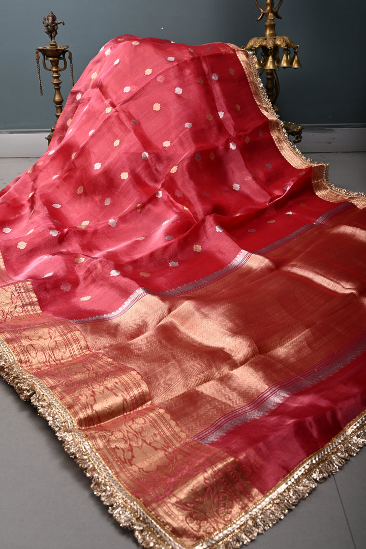 Pinkish Red Pure Banarasi Organza Tissue Silk Saree with Sona Rupa Zari Buttas and Fancy Trim Lace Border | SILK MARK CERTIFIED | SHOBITAM