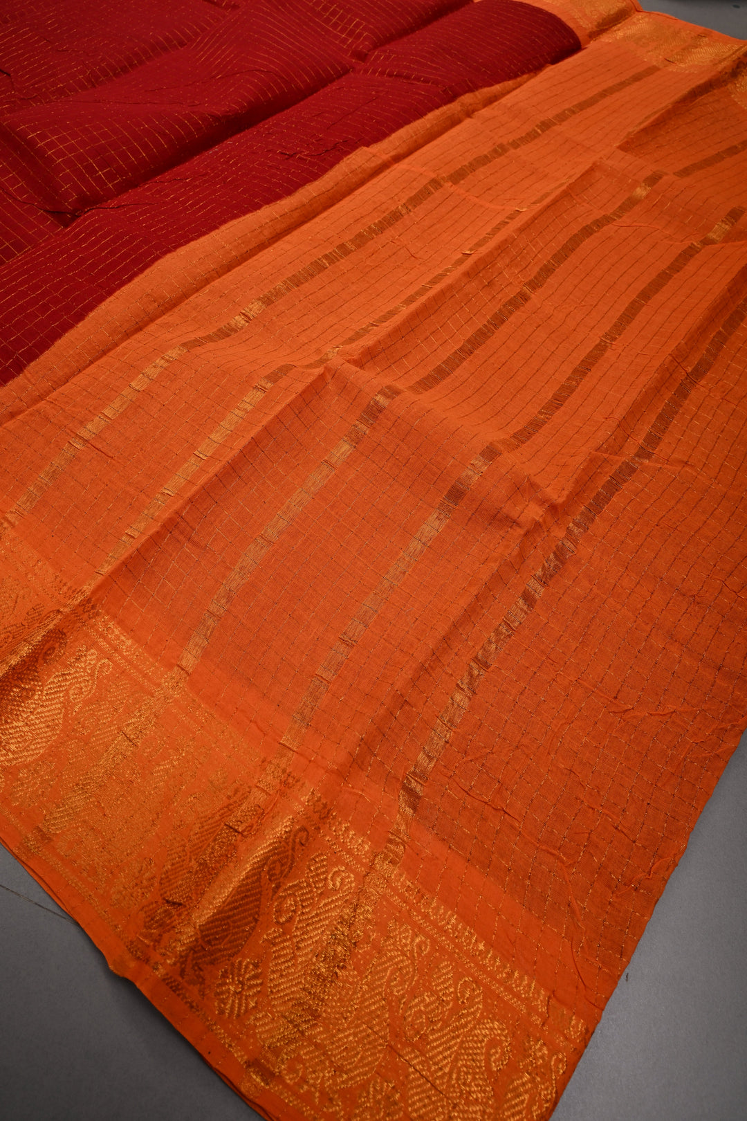 Maroon Madurai Cotton Saree with Zari Checks and Contrast Zari Borders, No Blouse Piece | SHOBITAM