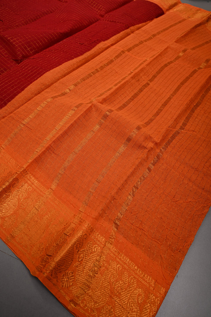 Maroon Madurai Cotton Saree with Zari Checks and Contrast Zari Borders, No Blouse Piece | SHOBITAM