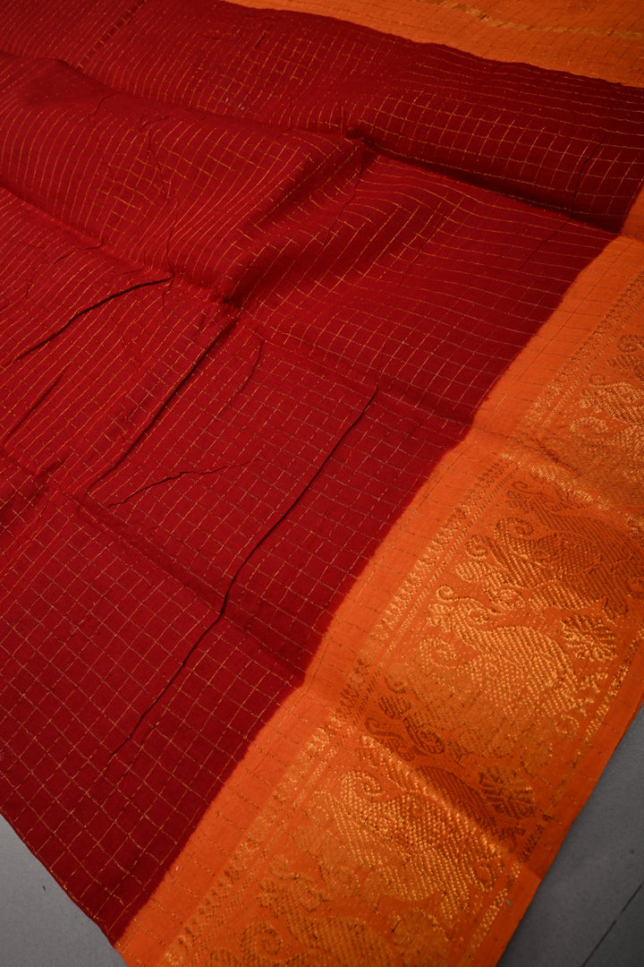 Maroon Madurai Cotton Saree with Zari Checks and Contrast Zari Borders, No Blouse Piece | SHOBITAM