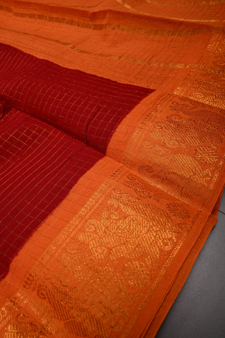 Maroon Madurai Cotton Saree with Zari Checks and Contrast Zari Borders, No Blouse Piece | SHOBITAM