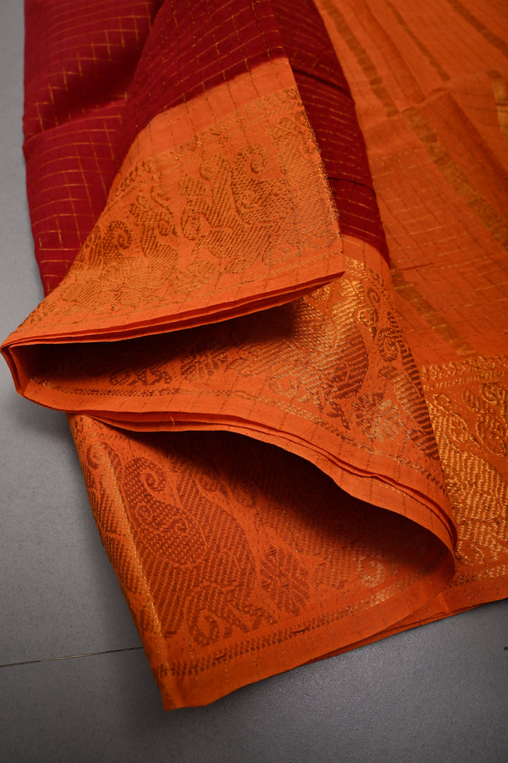 Maroon Madurai Cotton Saree with Zari Checks and Contrast Zari Borders, No Blouse Piece | SHOBITAM