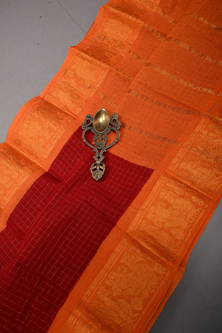 Maroon Madurai Cotton Saree with Zari Checks and Contrast Zari Borders, No Blouse Piece | SHOBITAM