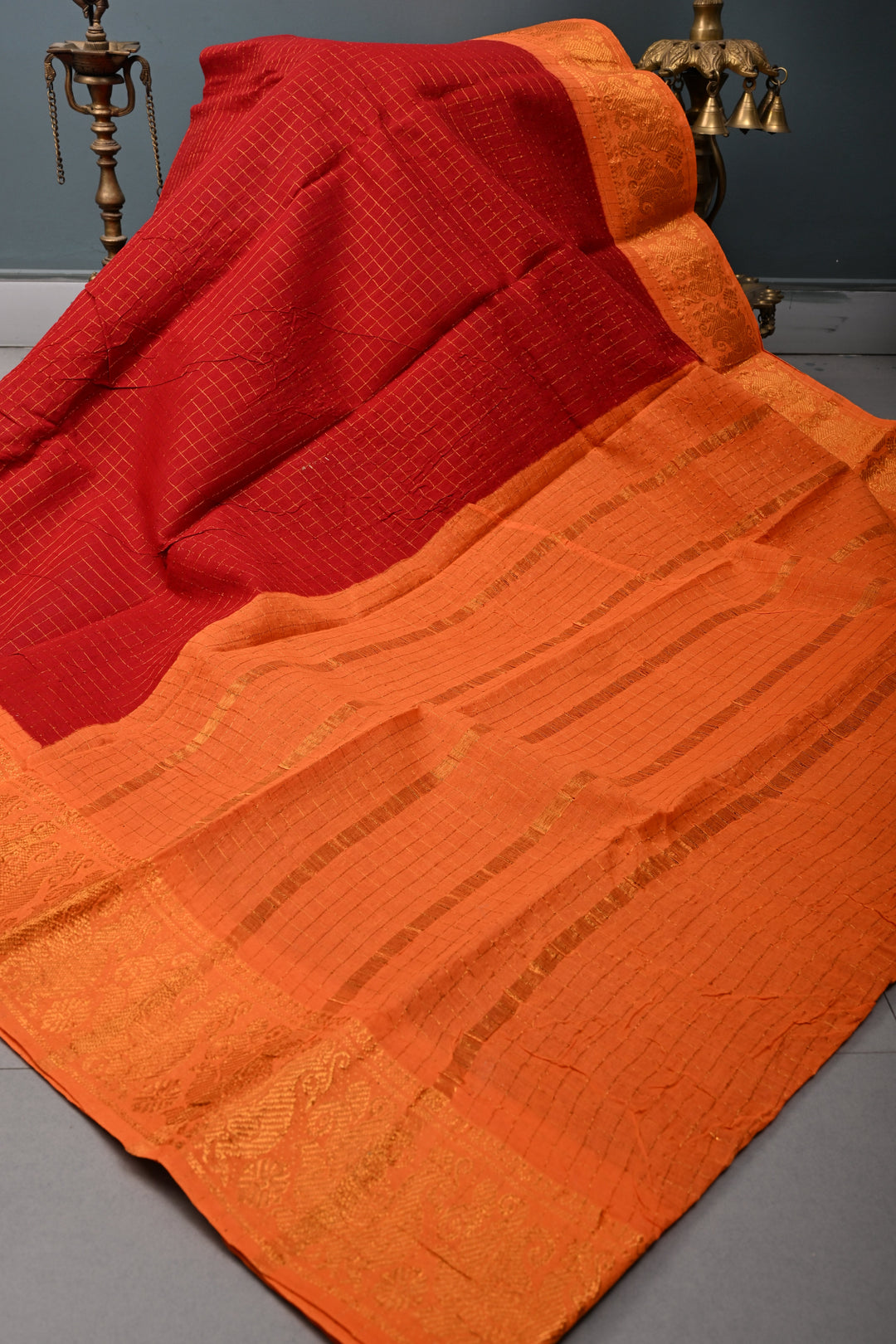 Maroon Madurai Cotton Saree with Zari Checks and Contrast Zari Borders, No Blouse Piece | SHOBITAM
