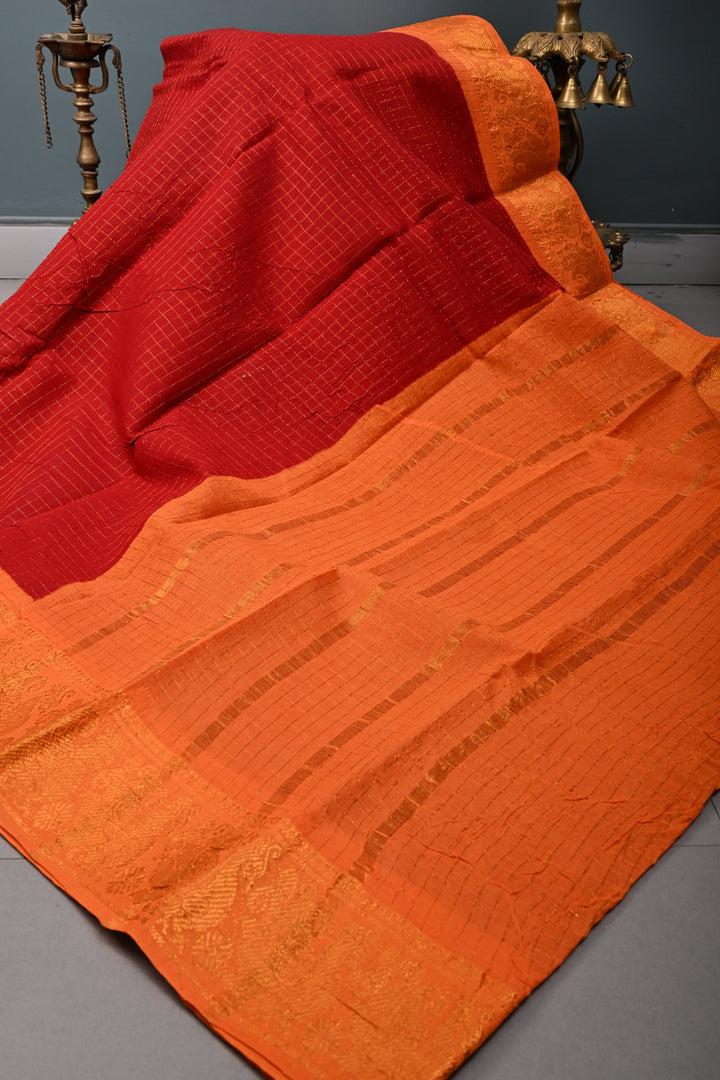 Maroon Madurai Cotton Saree with Zari Checks and Contrast Zari Borders, No Blouse Piece | SHOBITAM