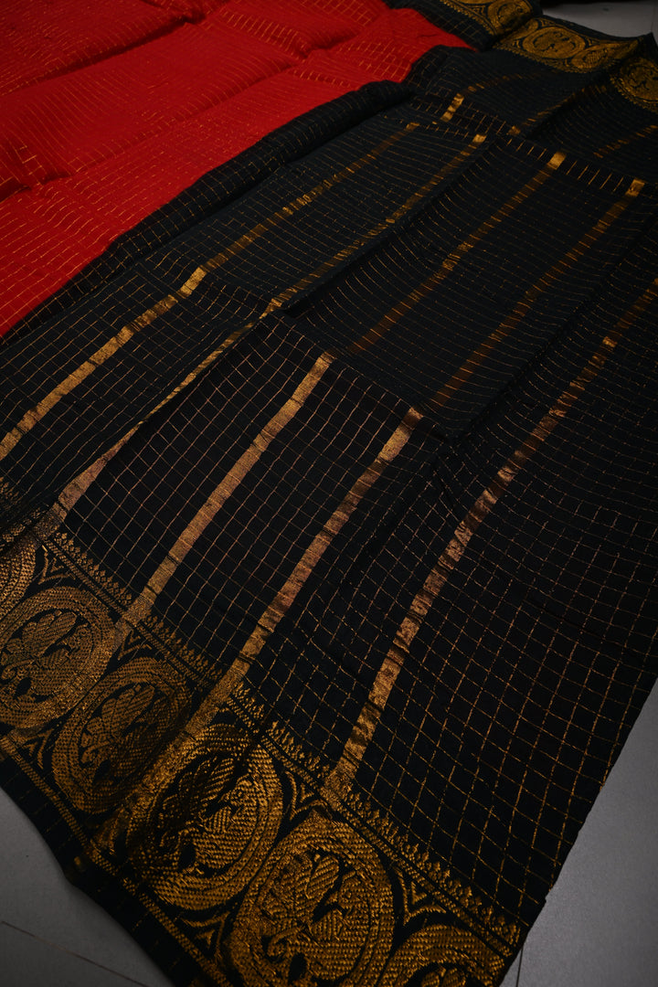 Blood Red Madurai Cotton Saree with Zari Checks and Contrast Zari Borders, No Blouse Piece | SHOBITAM