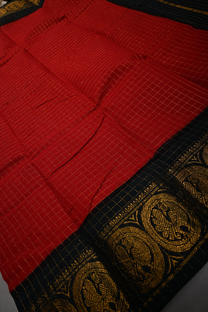 Blood Red Madurai Cotton Saree with Zari Checks and Contrast Zari Borders, No Blouse Piece | SHOBITAM