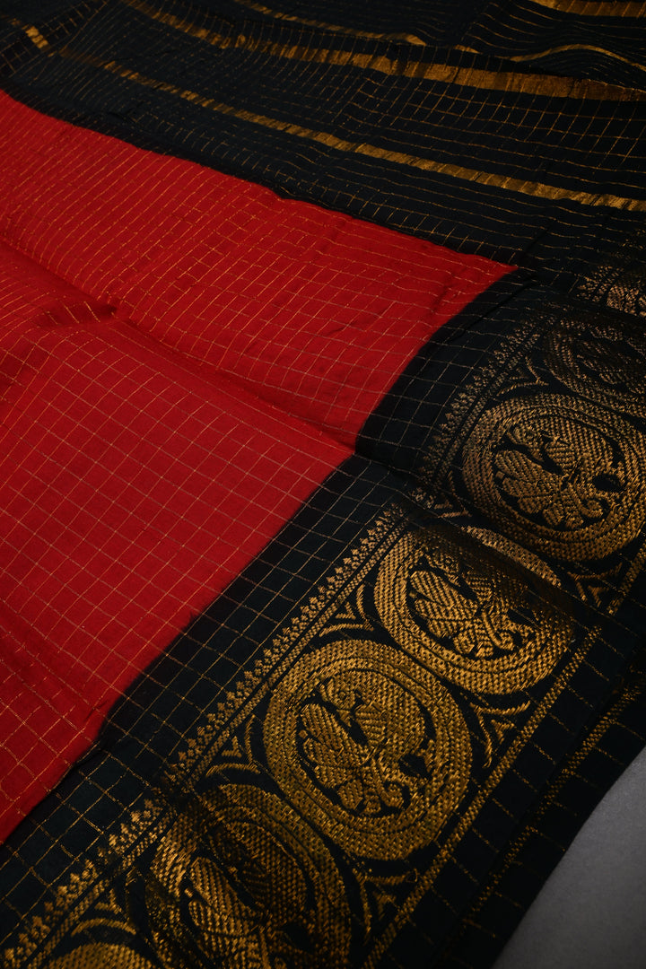 Blood Red Madurai Cotton Saree with Zari Checks and Contrast Zari Borders, No Blouse Piece | SHOBITAM