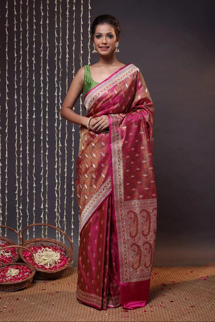 Stunning Handloom Magenta Pure Silk Tanchoi Banarasi Saree With Zari | SILK MARK CERTIFIED | SHOBITAM