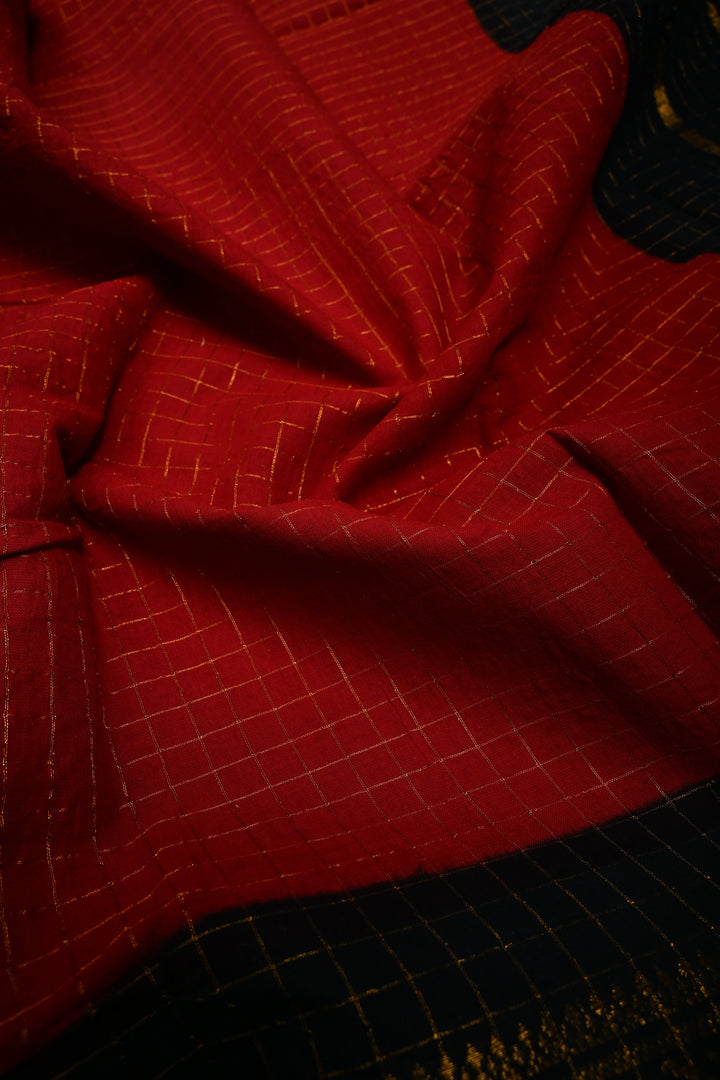 Blood Red Madurai Cotton Saree with Zari Checks and Contrast Zari Borders, No Blouse Piece | SHOBITAM