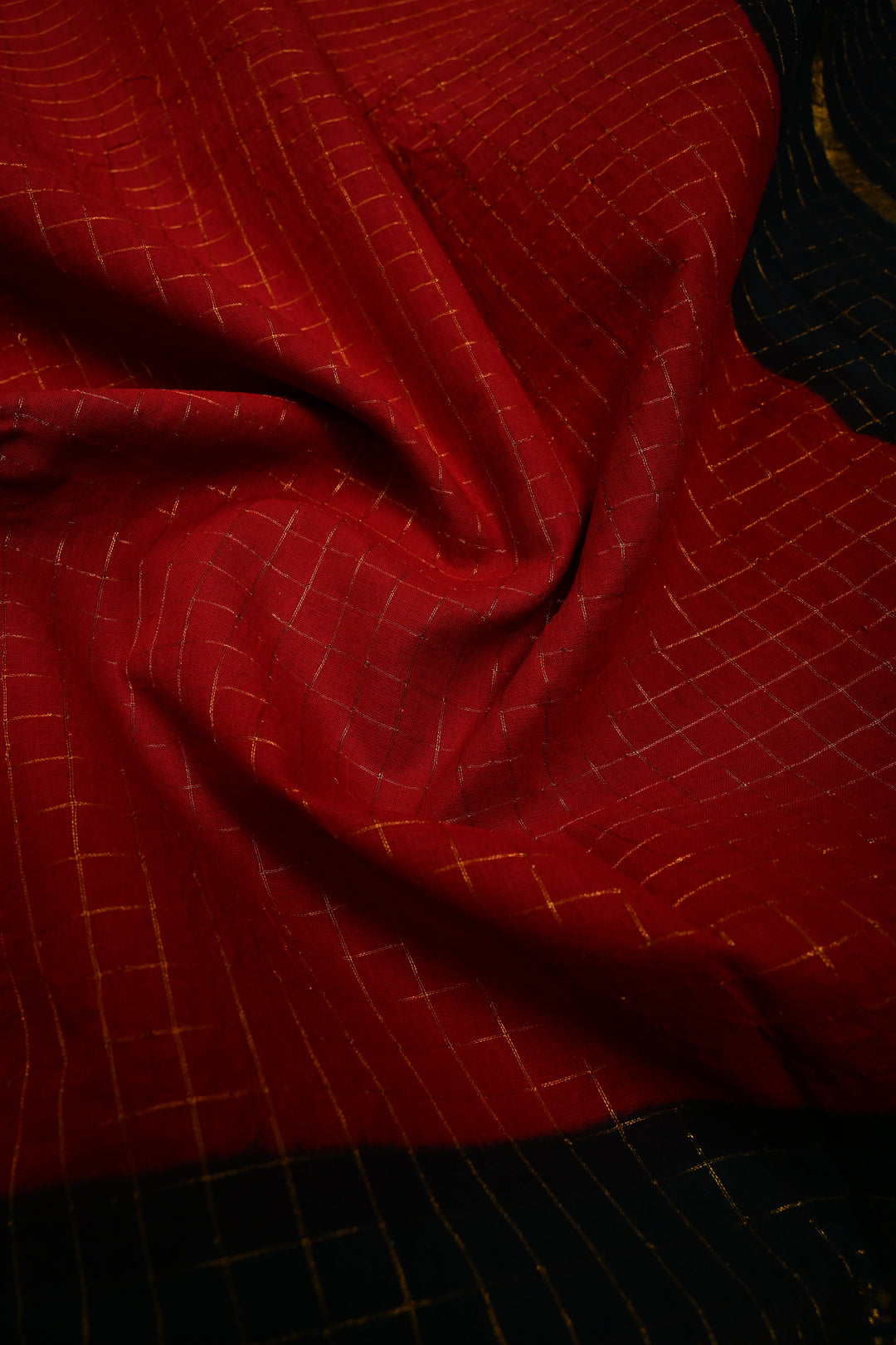 Blood Red Madurai Cotton Saree with Zari Checks and Contrast Zari Borders, No Blouse Piece | SHOBITAM