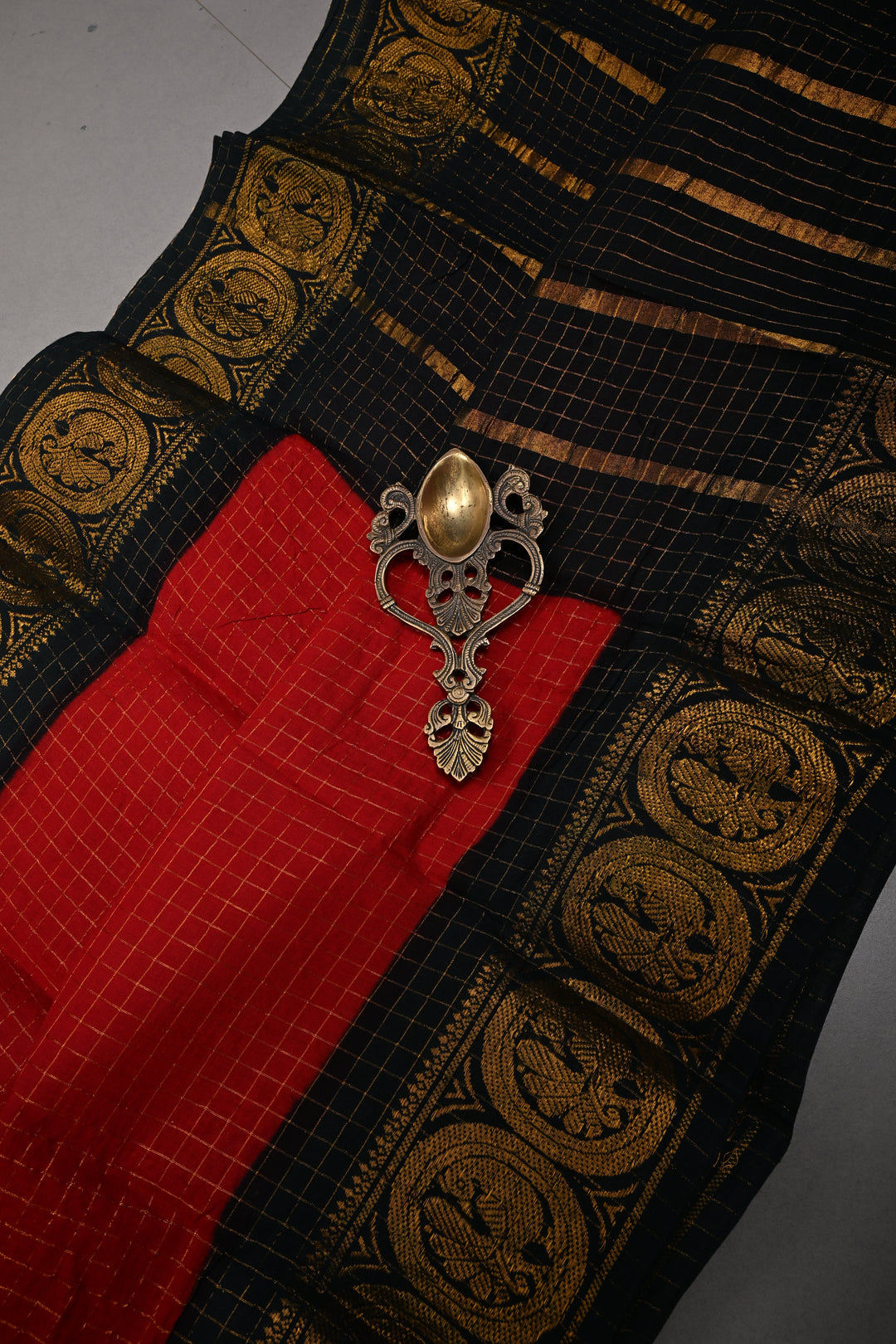 Blood Red Madurai Cotton Saree with Zari Checks and Contrast Zari Borders, No Blouse Piece | SHOBITAM