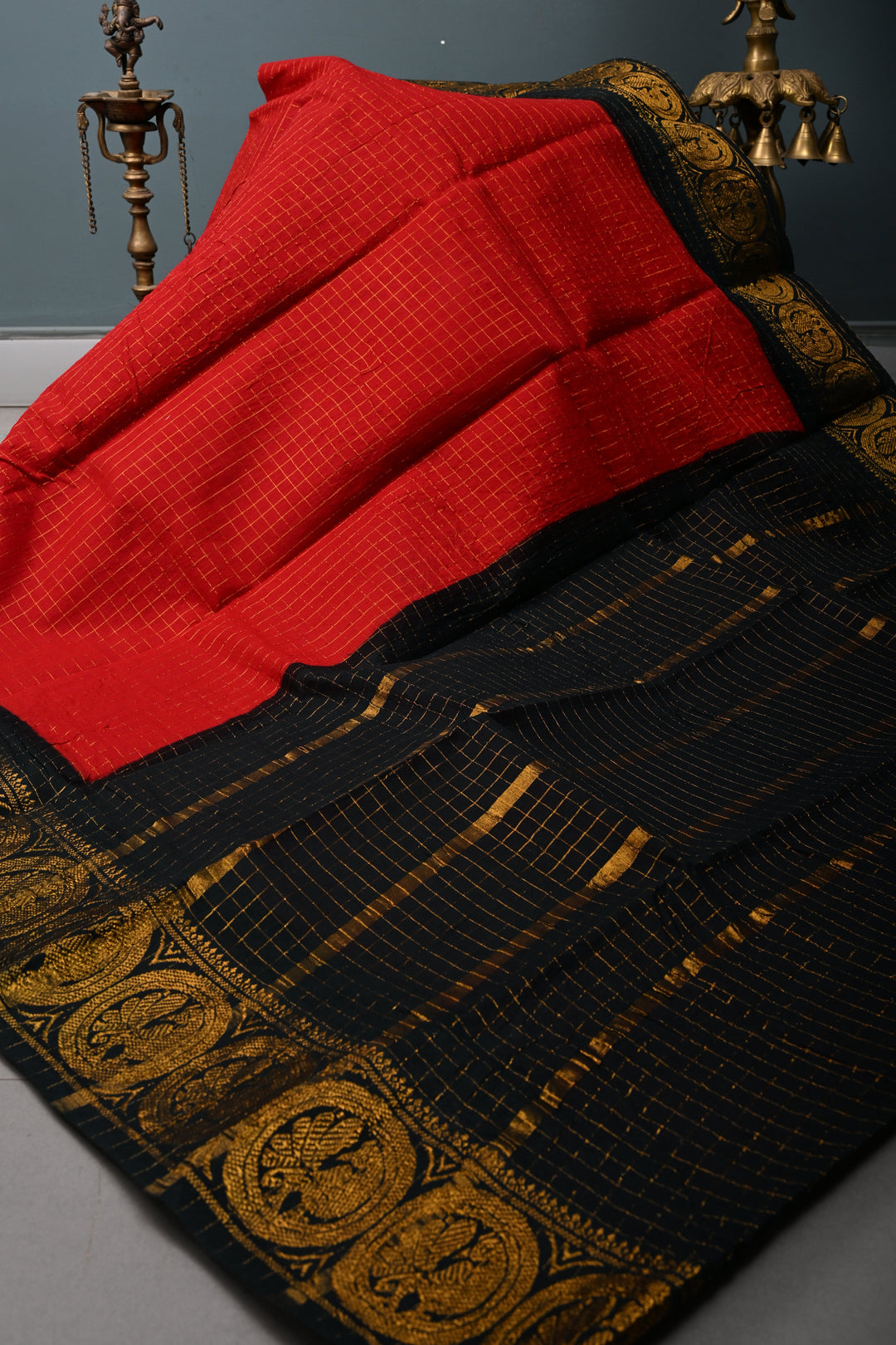 Blood Red Madurai Cotton Saree with Zari Checks and Contrast Zari Borders, No Blouse Piece | SHOBITAM