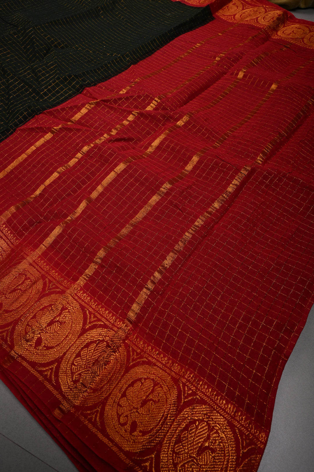 Black Madurai Cotton Saree with Zari Checks and Contrast Zari Borders, No Blouse Piece | SHOBITAM