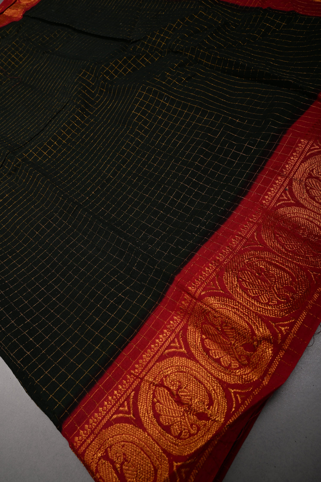 Black Madurai Cotton Saree with Zari Checks and Contrast Zari Borders, No Blouse Piece | SHOBITAM