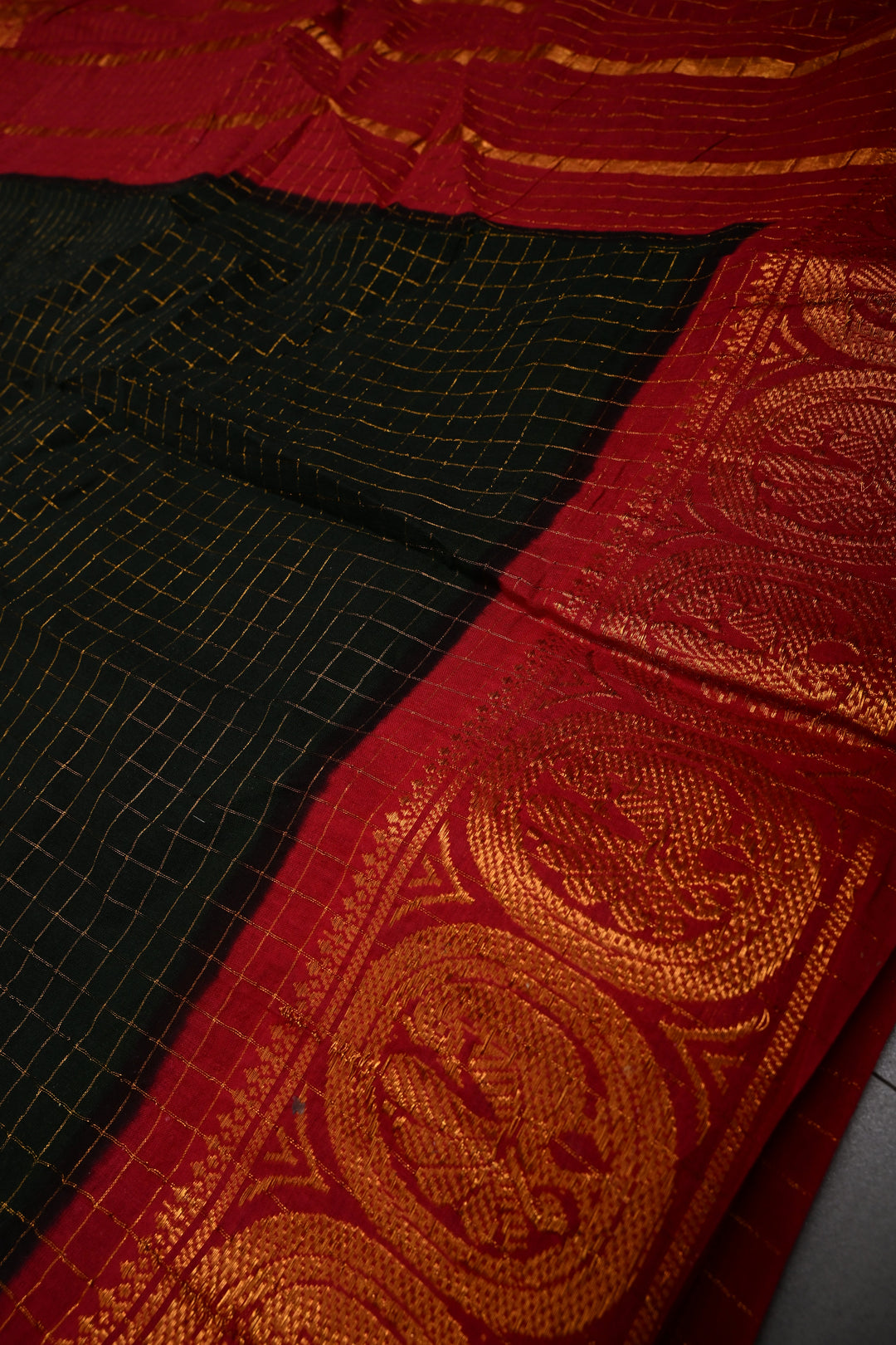 Black Madurai Cotton Saree with Zari Checks and Contrast Zari Borders, No Blouse Piece | SHOBITAM
