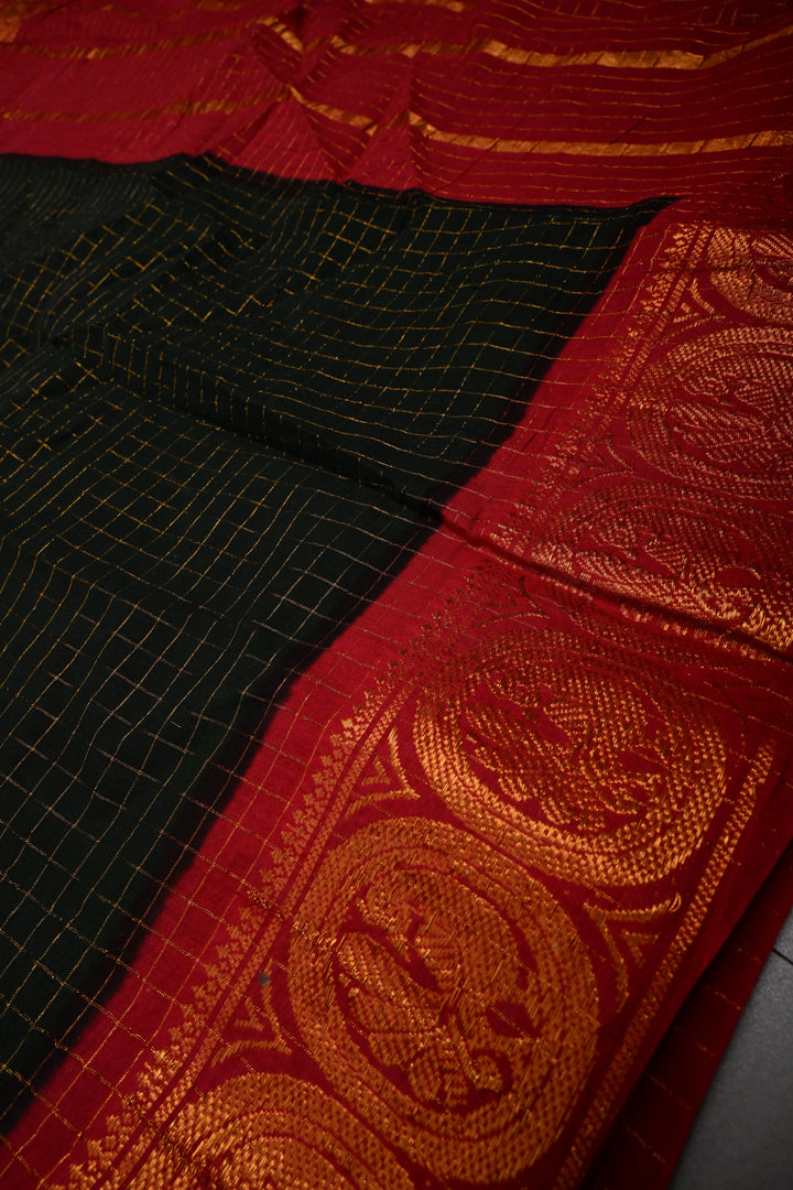 Black Madurai Cotton Saree with Zari Checks and Contrast Zari Borders, No Blouse Piece | SHOBITAM