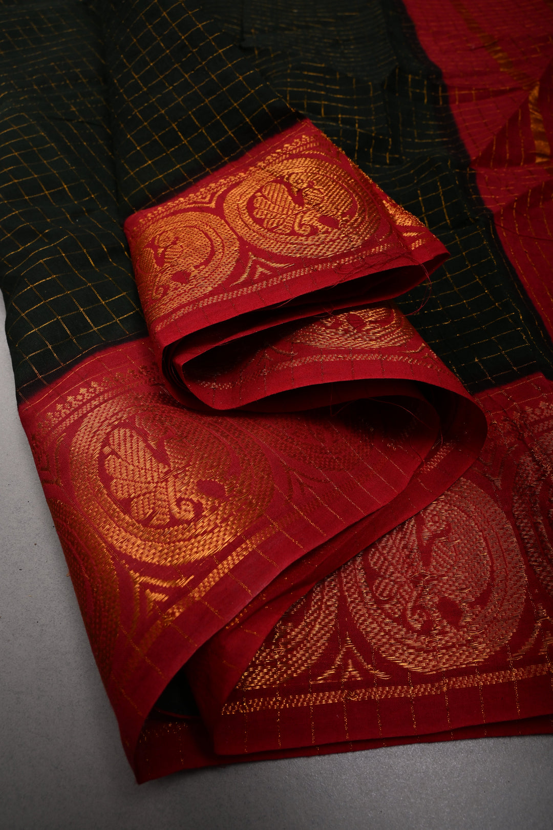 Black Madurai Cotton Saree with Zari Checks and Contrast Zari Borders, No Blouse Piece | SHOBITAM