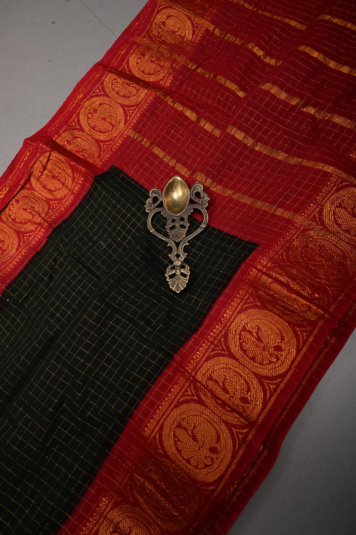 Black Madurai Cotton Saree with Zari Checks and Contrast Zari Borders, No Blouse Piece | SHOBITAM