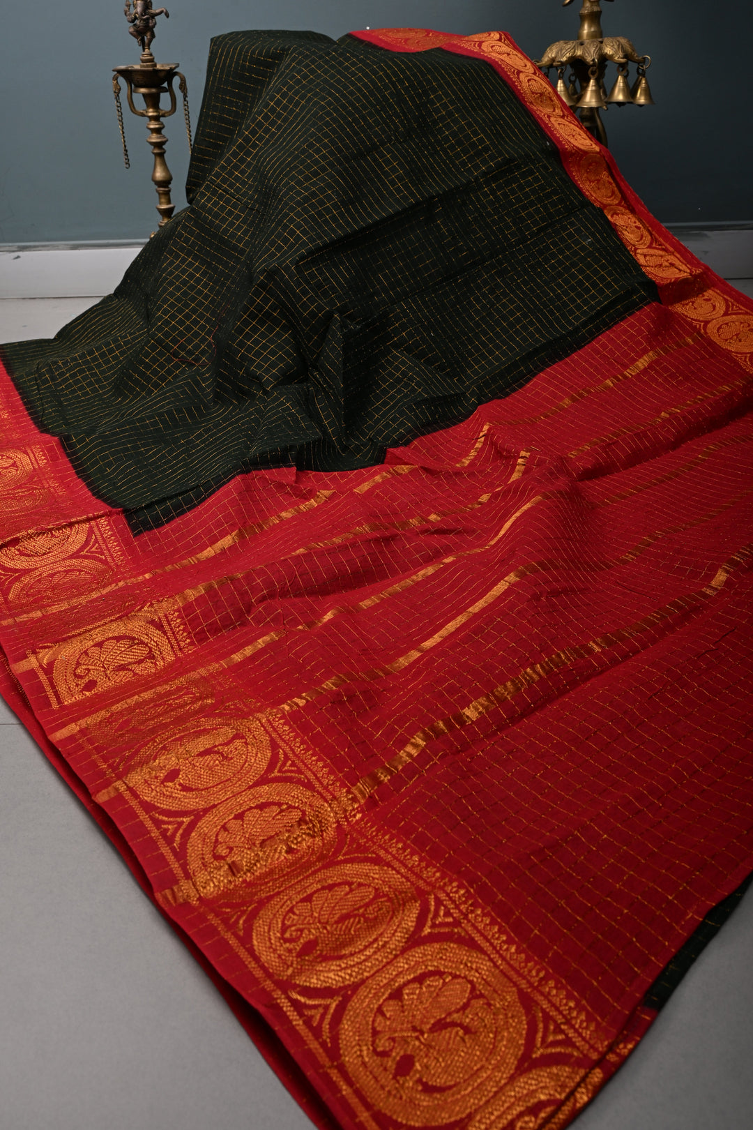 Black Madurai Cotton Saree with Zari Checks and Contrast Zari Borders, No Blouse Piece | SHOBITAM