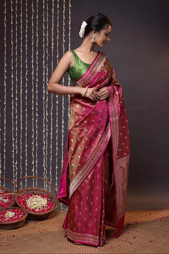 Stunning Handloom Magenta Pure Silk Tanchoi Banarasi Saree With Zari | SILK MARK CERTIFIED | SHOBITAM