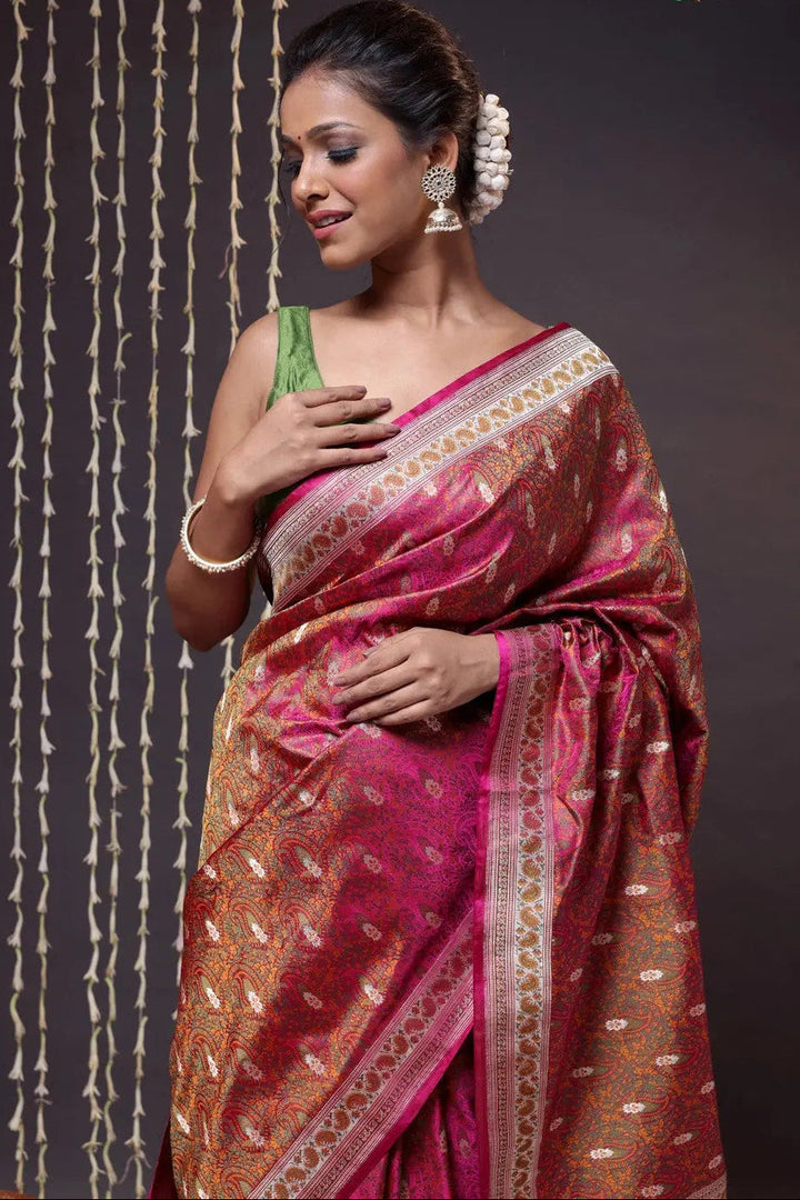 Stunning Handloom Magenta Pure Silk Tanchoi Banarasi Saree With Zari | SILK MARK CERTIFIED | SHOBITAM