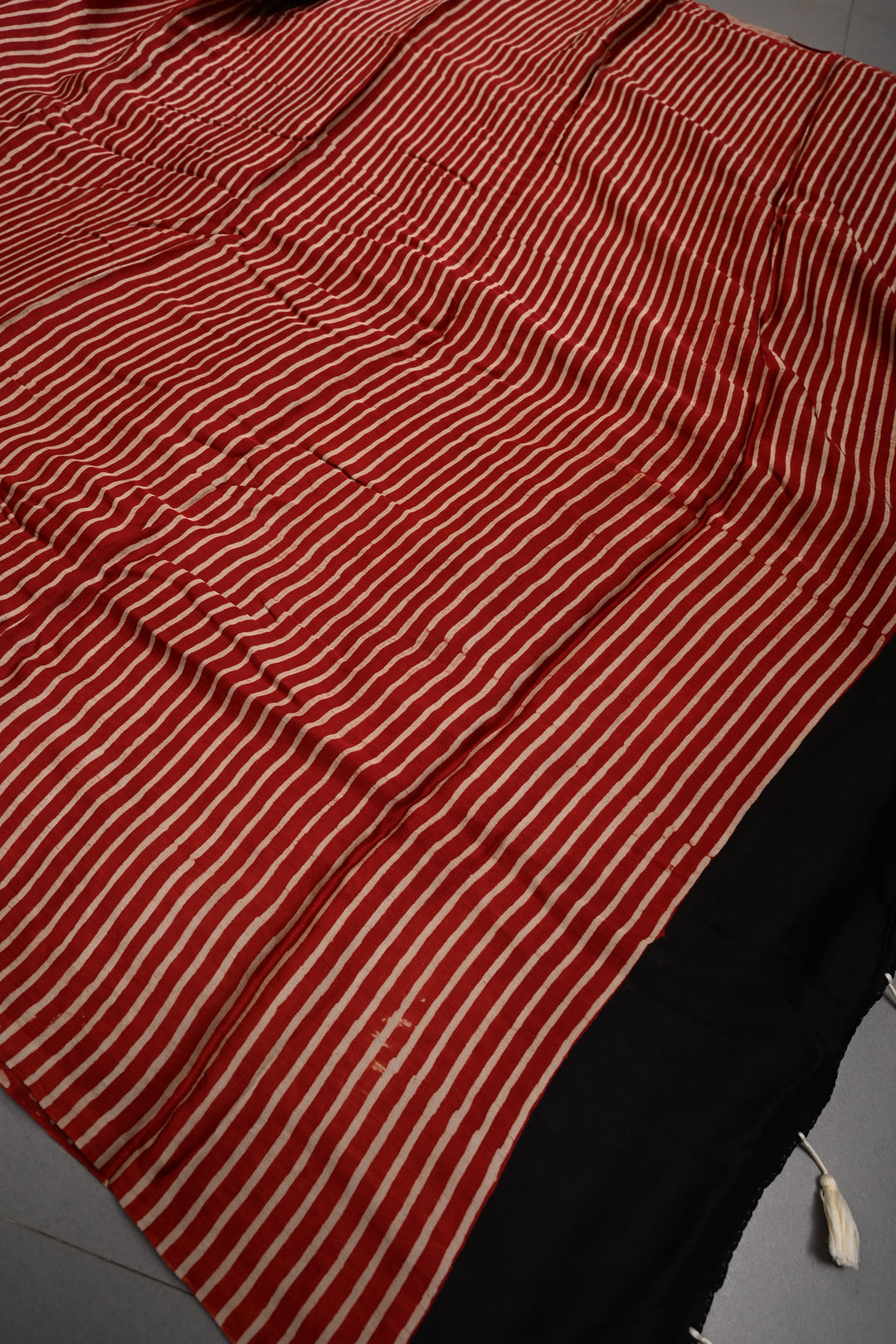 Red-Cream Modal Silk Saree with Horizontal Stripes Hand Block Print | SHOBITAM