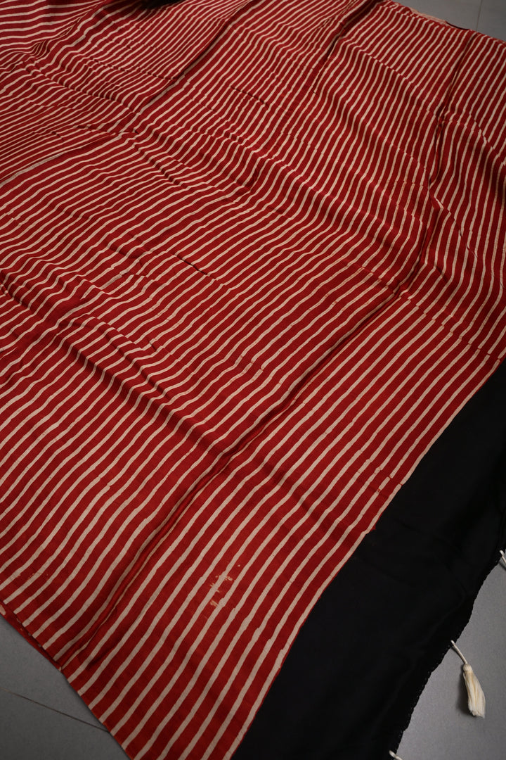 Red-Cream Modal Silk Saree with Horizontal Stripes Hand Block Print | SHOBITAM