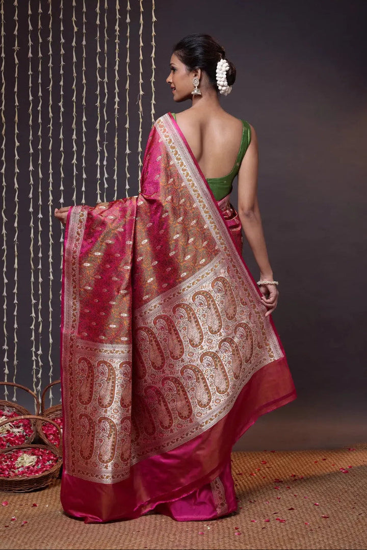 Stunning Handloom Magenta Pure Silk Tanchoi Banarasi Saree With Zari | SILK MARK CERTIFIED | SHOBITAM