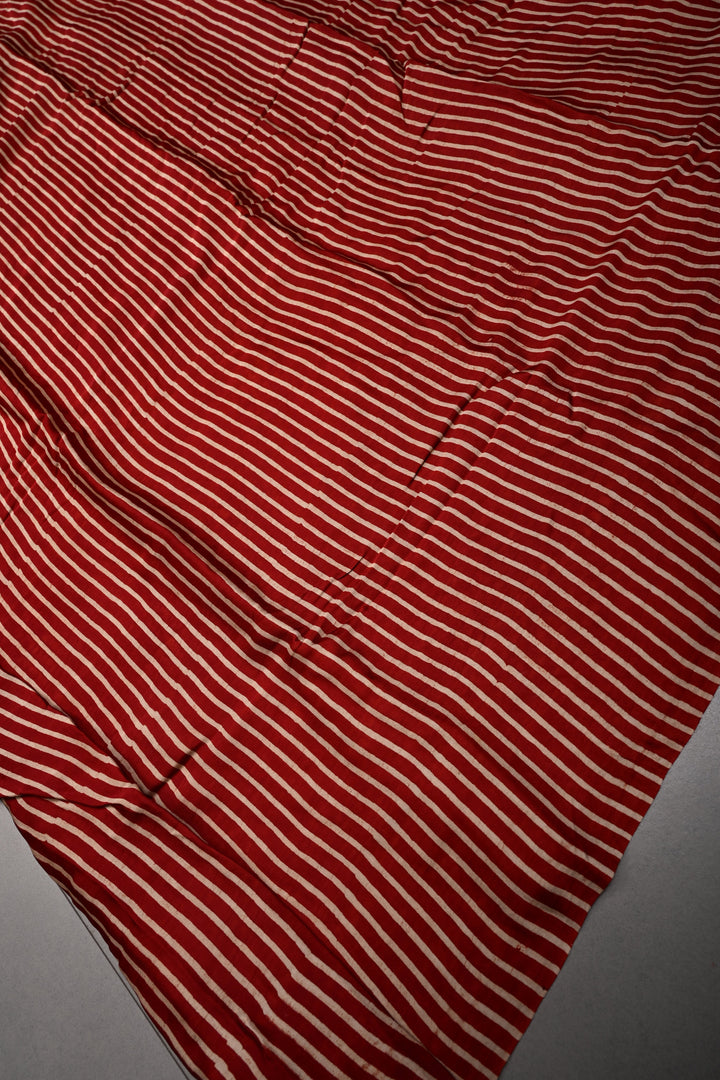 Red-Cream Modal Silk Saree with Horizontal Stripes Hand Block Print | SHOBITAM