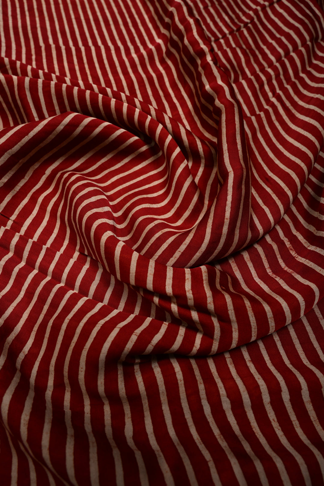 Red-Cream Modal Silk Saree with Horizontal Stripes Hand Block Print | SHOBITAM