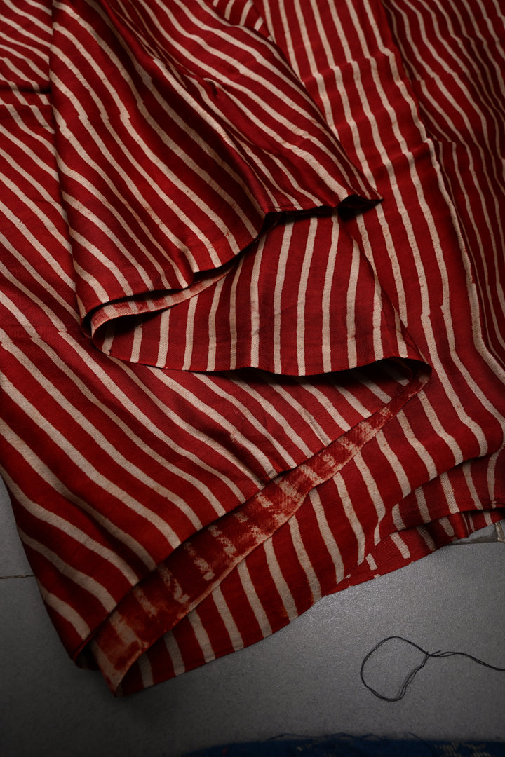 Red-Cream Modal Silk Saree with Horizontal Stripes Hand Block Print | SHOBITAM