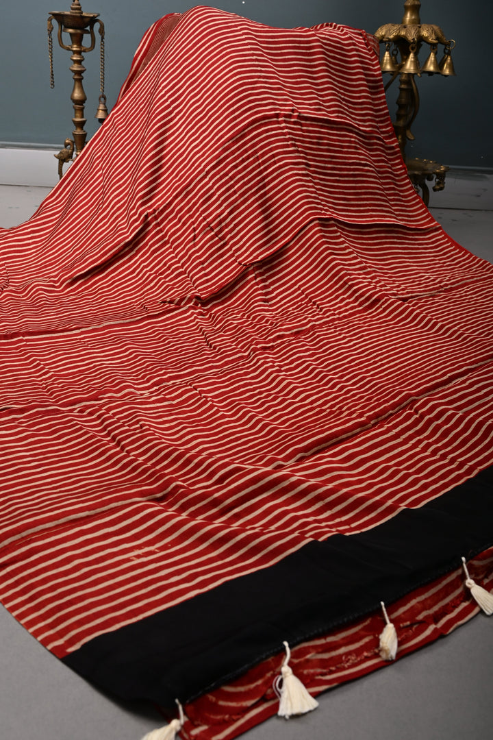 Red-Cream Modal Silk Saree with Horizontal Stripes Hand Block Print | SHOBITAM