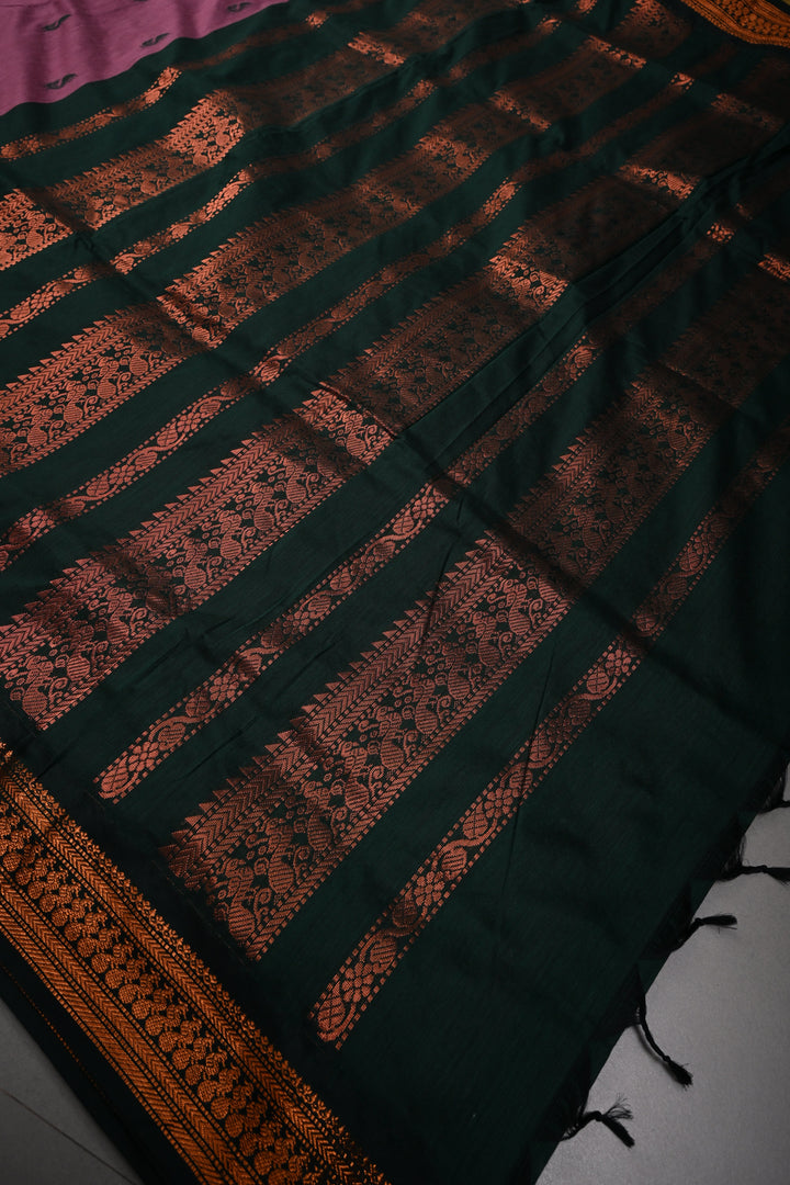 Dark Mauve Cotton Silk Saree with Thread Buttas and Contrast Zari Borders | SHOBITAM
