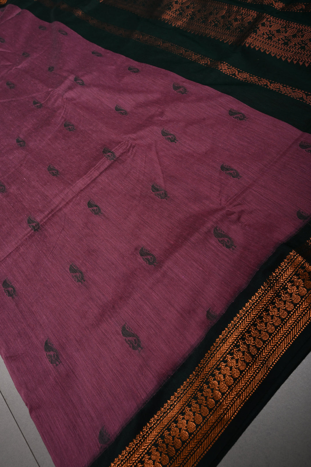 Dark Mauve Cotton Silk Saree with Thread Buttas and Contrast Zari Borders | SHOBITAM