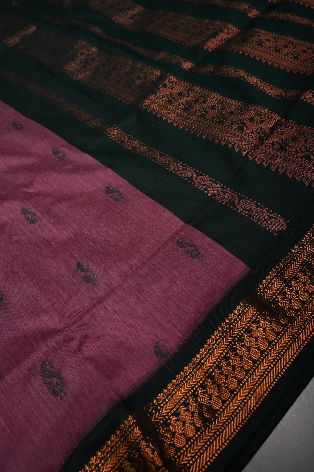 Dark Mauve Cotton Silk Saree with Thread Buttas and Contrast Zari Borders | SHOBITAM
