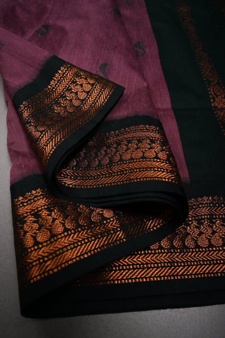 Dark Mauve Cotton Silk Saree with Thread Buttas and Contrast Zari Borders | SHOBITAM