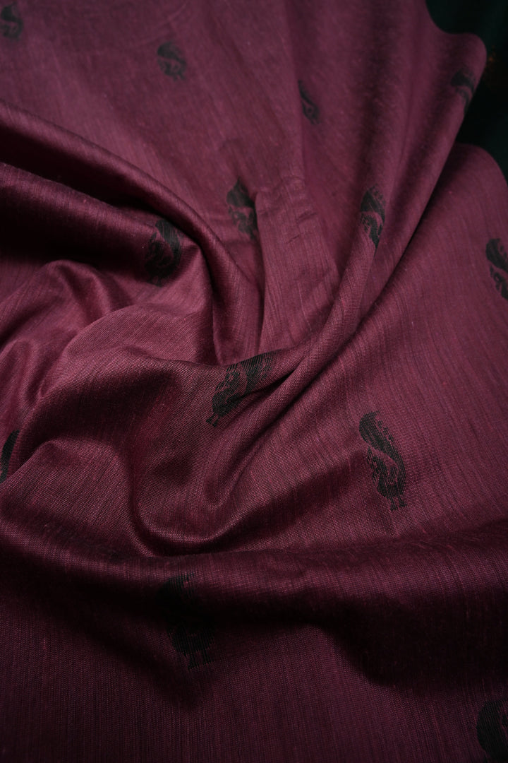 Dark Mauve Cotton Silk Saree with Thread Buttas and Contrast Zari Borders | SHOBITAM