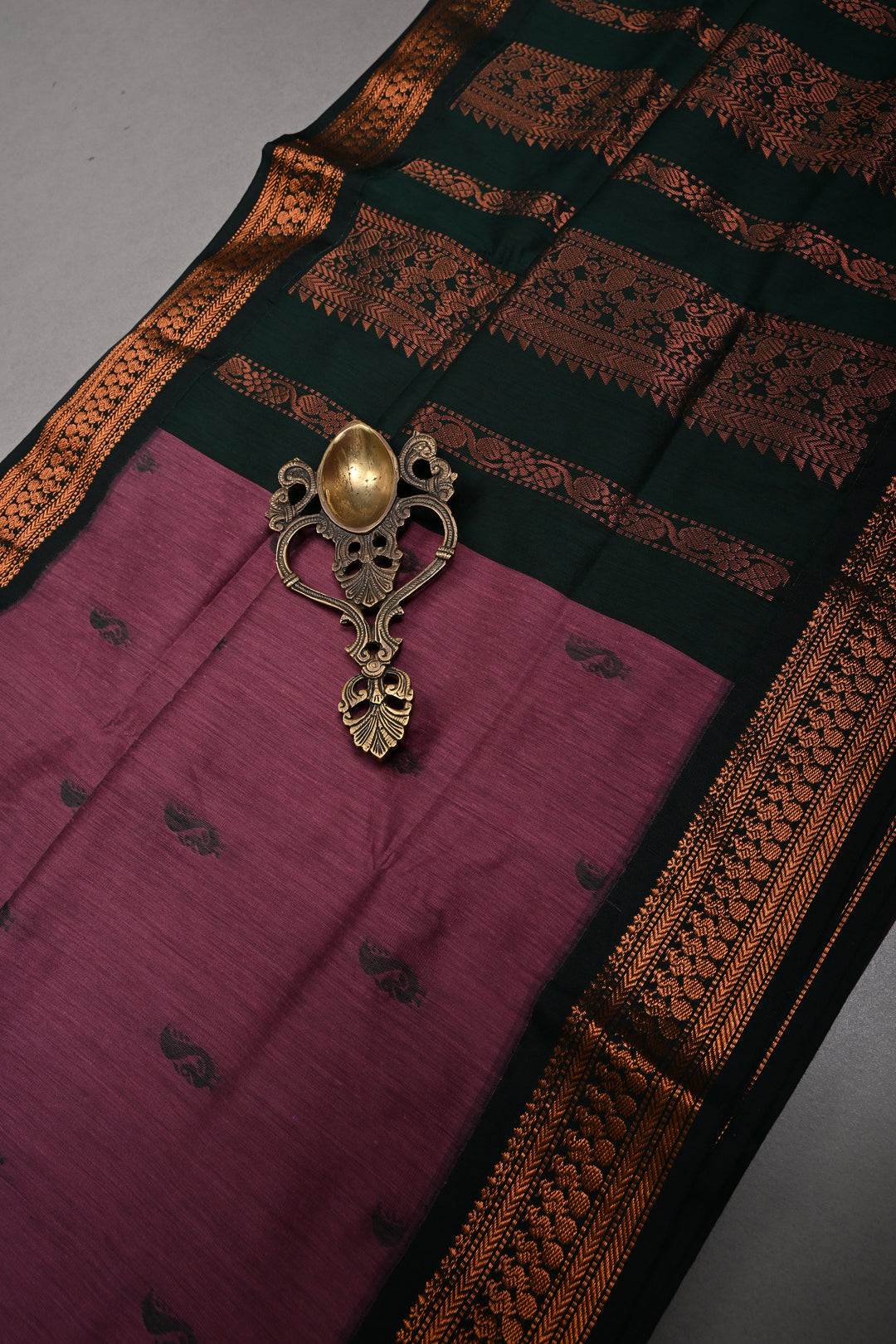 Dark Mauve Cotton Silk Saree with Thread Buttas and Contrast Zari Borders | SHOBITAM