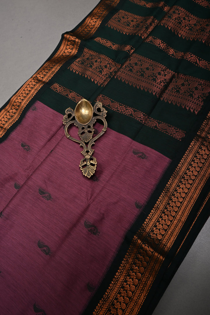 Dark Mauve Cotton Silk Saree with Thread Buttas and Contrast Zari Borders | SHOBITAM
