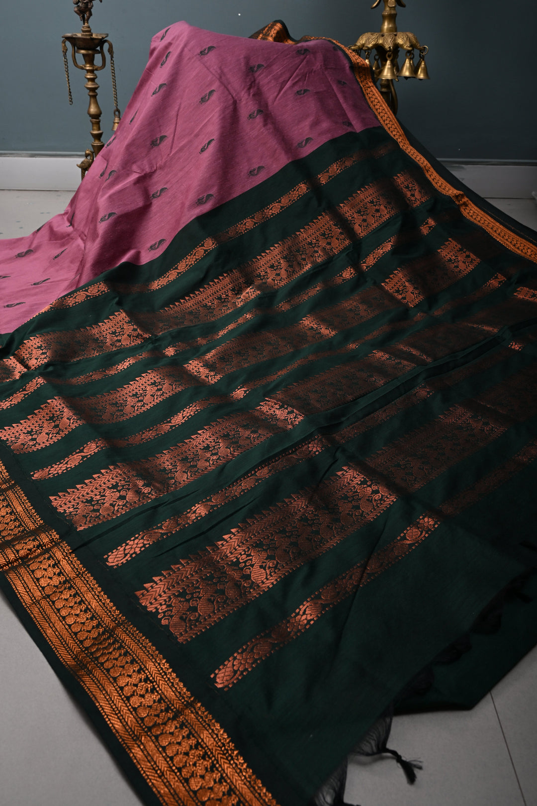 Dark Mauve Cotton Silk Saree with Thread Buttas and Contrast Zari Borders | SHOBITAM