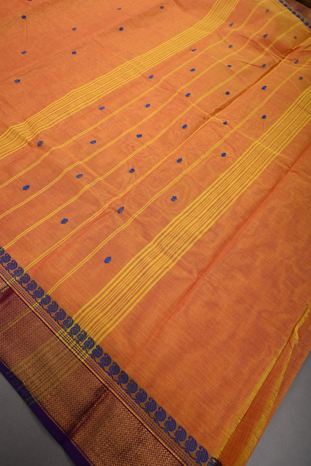Mustard Orange Kanchi Cotton Saree with Thread Buttas and Contrast Zari Borders | SHOBITAM