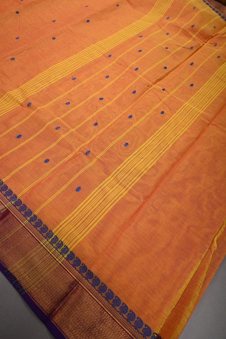 Mustard Orange Kanchi Cotton Saree with Thread Buttas and Contrast Zari Borders | SHOBITAM