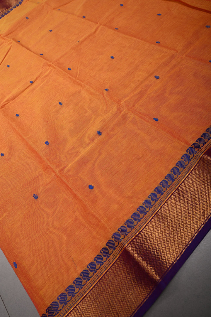 Mustard Orange Kanchi Cotton Saree with Thread Buttas and Contrast Zari Borders | SHOBITAM