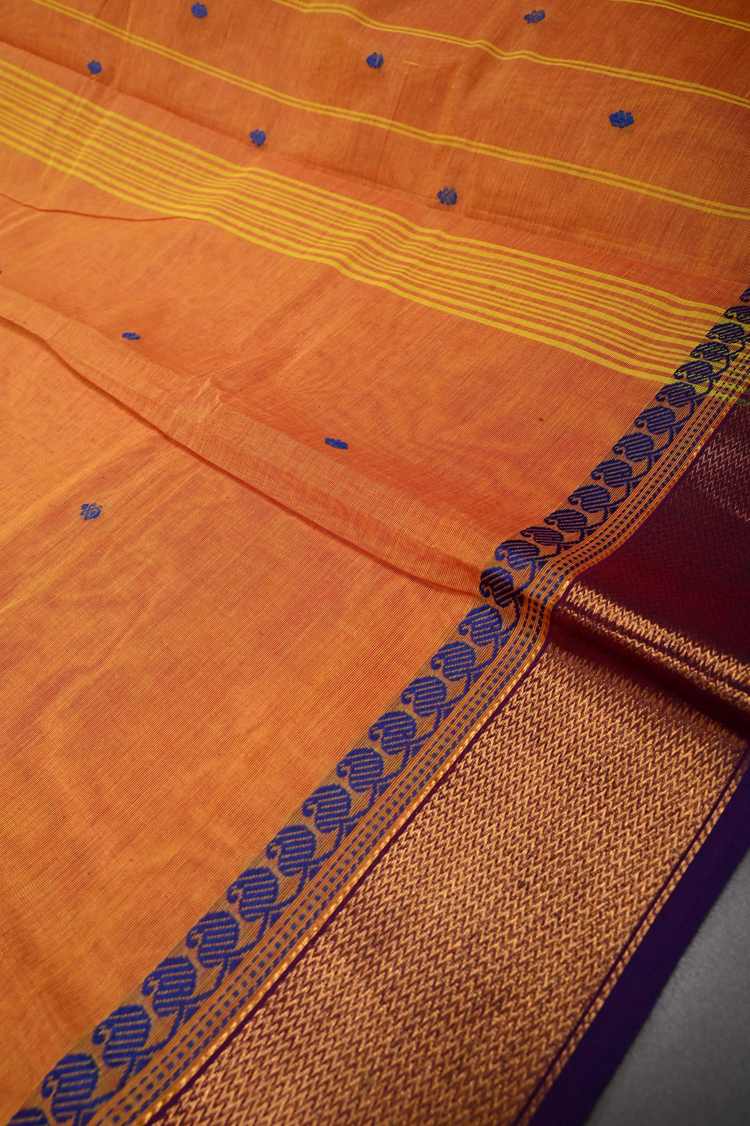 Mustard Orange Kanchi Cotton Saree with Thread Buttas and Contrast Zari Borders | SHOBITAM