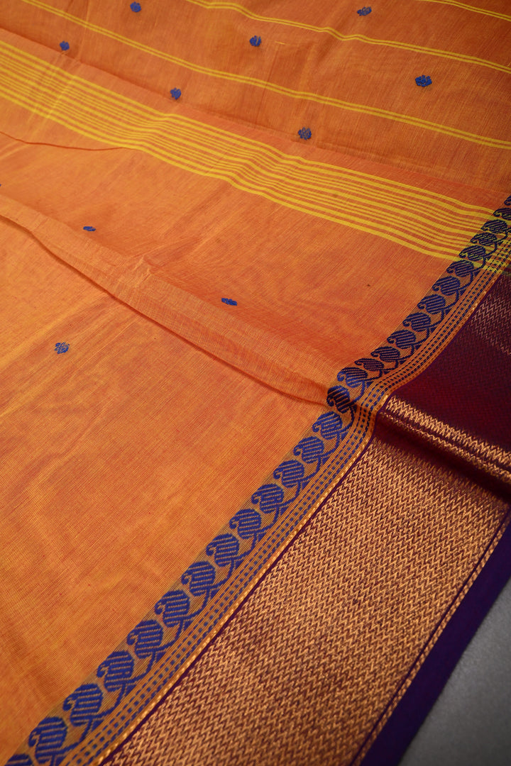 Mustard Orange Kanchi Cotton Saree with Thread Buttas and Contrast Zari Borders | SHOBITAM