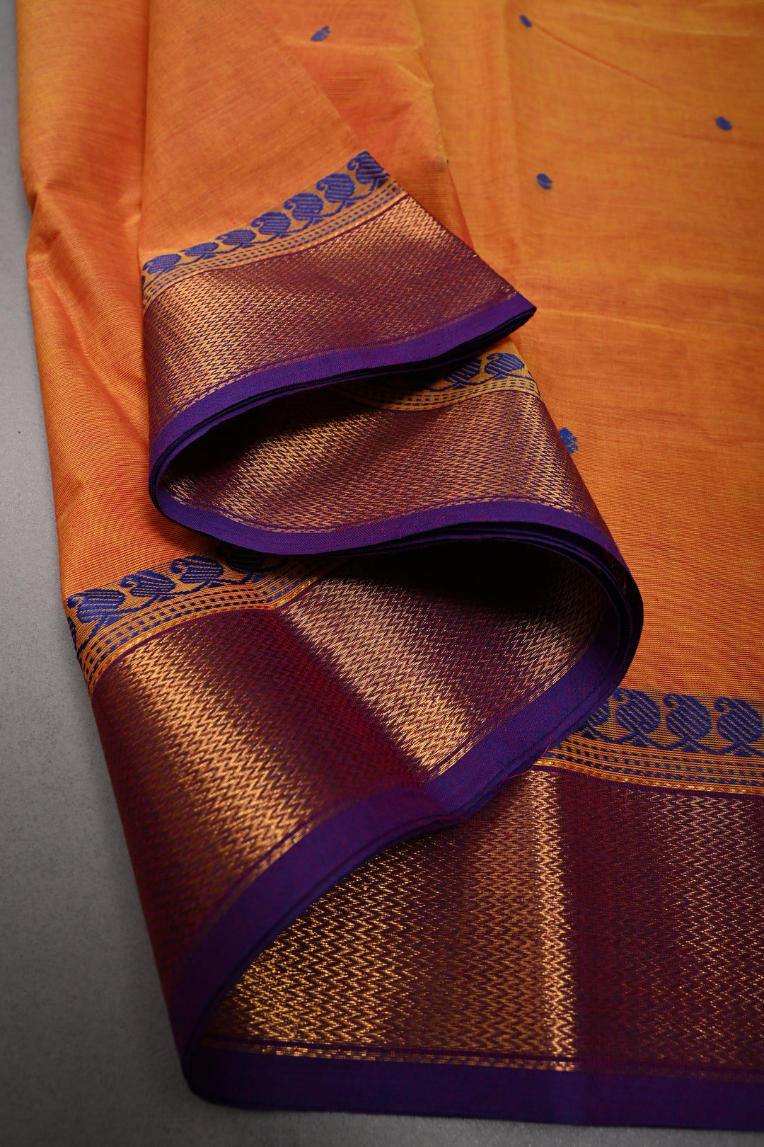 Mustard Orange Kanchi Cotton Saree with Thread Buttas and Contrast Zari Borders | SHOBITAM