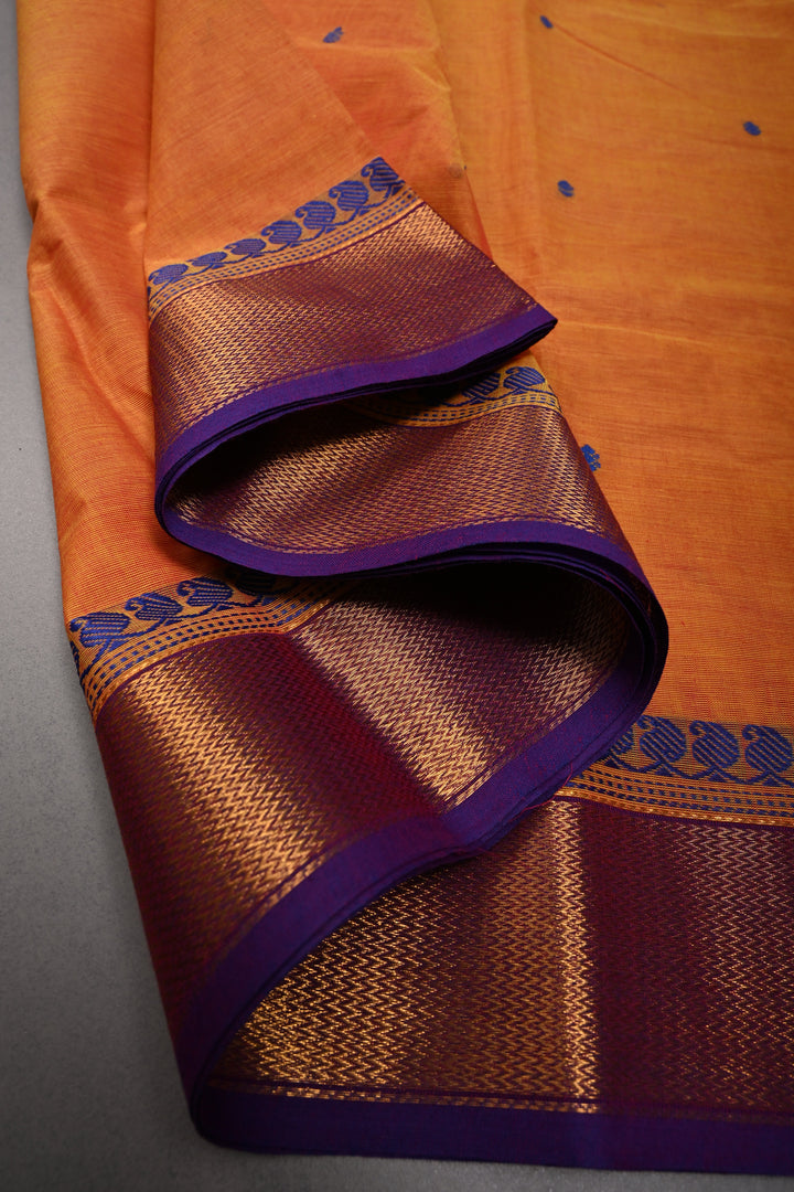 Mustard Orange Kanchi Cotton Saree with Thread Buttas and Contrast Zari Borders | SHOBITAM